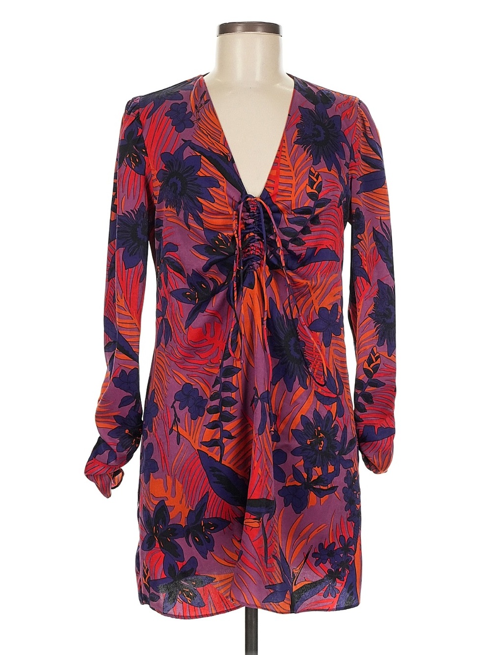 Zara Tropical Floral Min Ruched V-Neck Dress